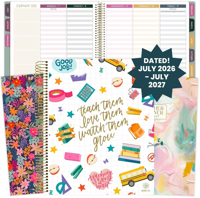 Main image of 2026-2027 Academic Year Teacher Planner & Calendar - 7 Period Lesson Plan Organizer Book for Classroom or Homeschool - 9" x 11" (Interchangeable Cover) - Bold & Bright