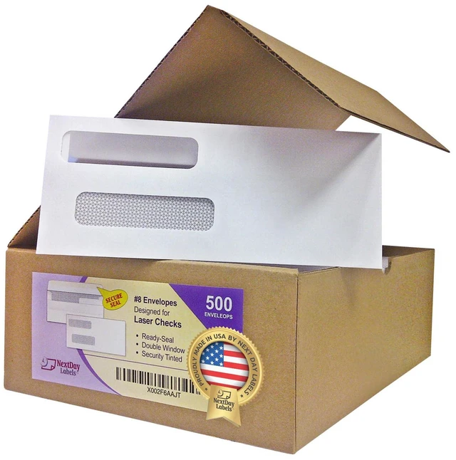 Main image of #8 Double Window Check Envelopes, Made in USA, 500 Pack Ready-Sealing Security Tinted Envelopes for QuickBooks, Sage 100, Blackbaud Checks, Quicken and other software