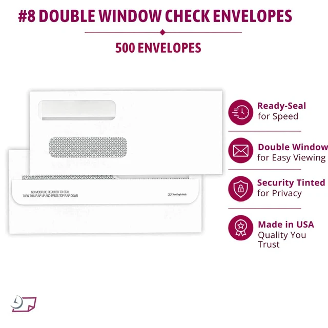 Alt view image 7 of 7 - #8 Double Window Check Envelopes, Made in USA, 500 Pack Ready-Sealing Security Tinted Envelopes for QuickBooks, Sage 100, Blackbaud Checks, Quicken and other software