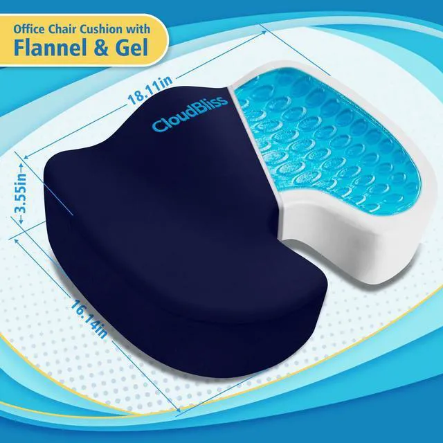 Alt view image 2 of 7 - Gel Memory Foam Seat Cushion for Long Sitting, X-Large, Blue Gel Chair Pad for Tailbone, Coccyx, Sciatica, Soft Suede Cover, Non-Slip, Washable Mesh, for office, home, car