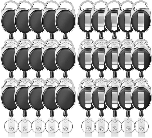 Main image of Retractable Badge Holder with Carabiner Reel Clip and Key Ring 30 Pieces, Black, For ID Card Key Keychain Holders, High Quality, Easy to Use, Wide Application