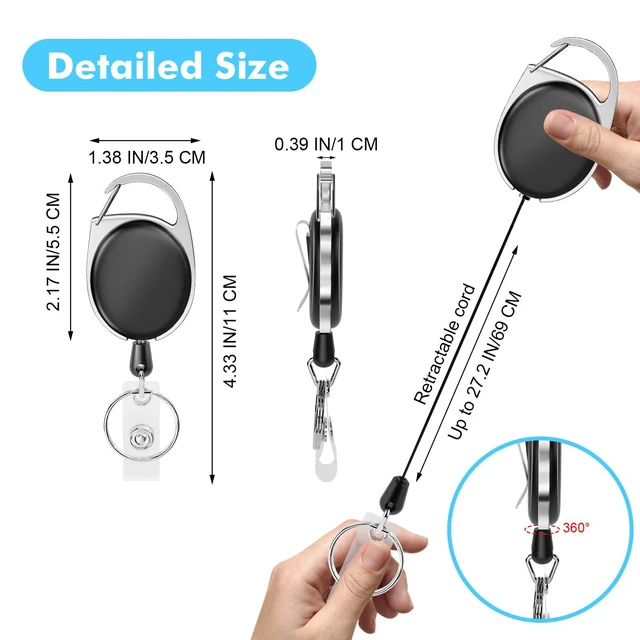 Alt view image 2 of 7 - Retractable Badge Holder with Carabiner Reel Clip and Key Ring 30 Pieces, Black, For ID Card Key Keychain Holders, High Quality, Easy to Use, Wide Application