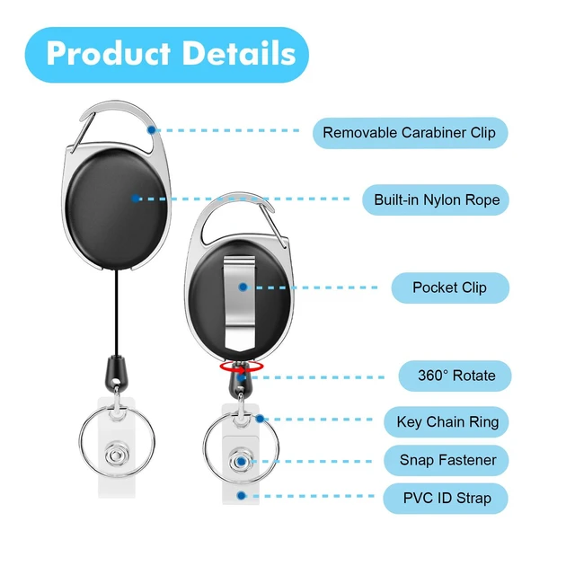 Alt view image 4 of 7 - Retractable Badge Holder with Carabiner Reel Clip and Key Ring 30 Pieces, Black, For ID Card Key Keychain Holders, High Quality, Easy to Use, Wide Application