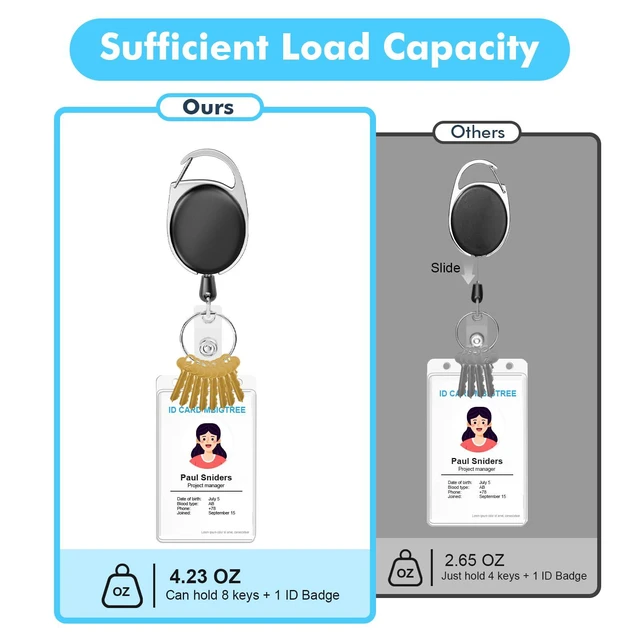 Alt view image 5 of 7 - Retractable Badge Holder with Carabiner Reel Clip and Key Ring 30 Pieces, Black, For ID Card Key Keychain Holders, High Quality, Easy to Use, Wide Application