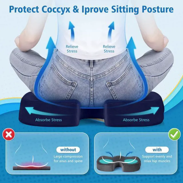 Alt view image 4 of 7 - Gel Memory Foam Seat Cushion for Long Sitting, X-Large, Blue Gel Chair Pad for Tailbone, Coccyx, Sciatica, Soft Suede Cover, Non-Slip, Washable Mesh, for office, home, car