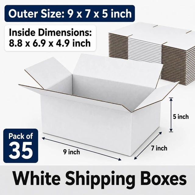 Alt view image 2 of 6 - 9x7x5 White Shipping Boxes for Small Business, Packing, Set of 35 Sturdy ECT 32 Corrugated Cardboard Mailer boxes, Easy Assembly, Recyclable for Mailing, Ecommerce Packing & Gift Packaging