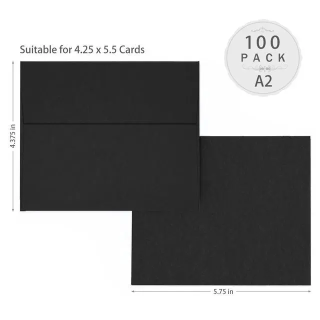 Alt view image 3 of 7 - 100 Pack Black A2 Envelopes Self Seal, 4.375 x 5.75, 120 GSM Printable Black Invitation Envelopes for 4.25 x 5.5 Cards, Graduation, Weddings, Photos, Baby Shower, and Various Holidays