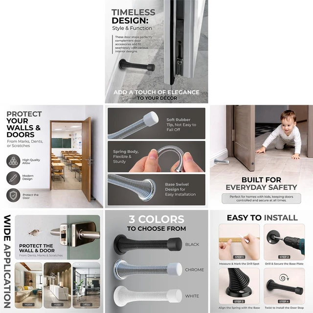 Alt view image 4 of 4 - Spring Door Stopper Color Blk 24-Pack Wall Door Stopper Easy Installation Doorstop with Rubber Bumper Tip Heavy Duty Materials and No-Damage Design