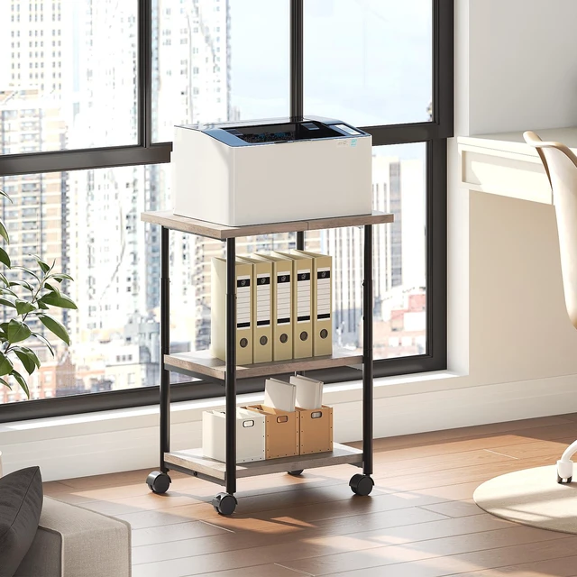 Alt view image 2 of 7 - Printer Stand, 3-Tier Industrial Under Desk Printer Cart with Shelf, Mobile Heavy Duty Storage Rack on Wheels for Home, Office, Grey and Black BG03PS01G1