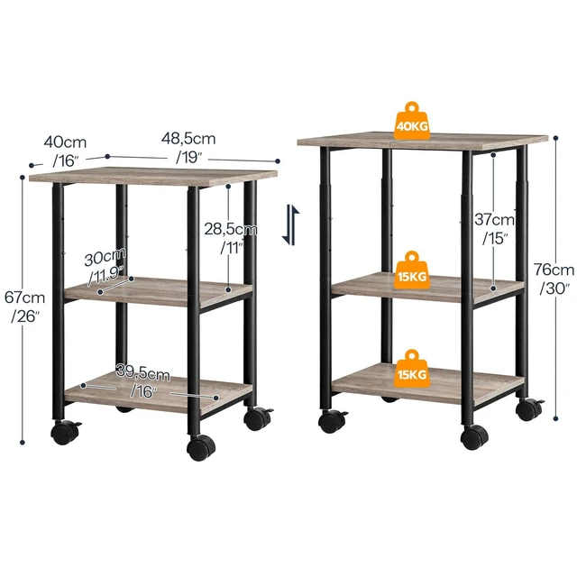 Alt view image 5 of 7 - Printer Stand, 3-Tier Industrial Under Desk Printer Cart with Shelf, Mobile Heavy Duty Storage Rack on Wheels for Home, Office, Grey and Black BG03PS01G1