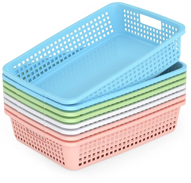 Main image of 8 Pack Classroom Storage Baskets 15''x10''x3'' Large Plastic Paper Trays with Handle Letter Size A4 Paper Toy Basket Turn in Trays for Library Office Desk Drawer Organizing (8, Pastel Color)