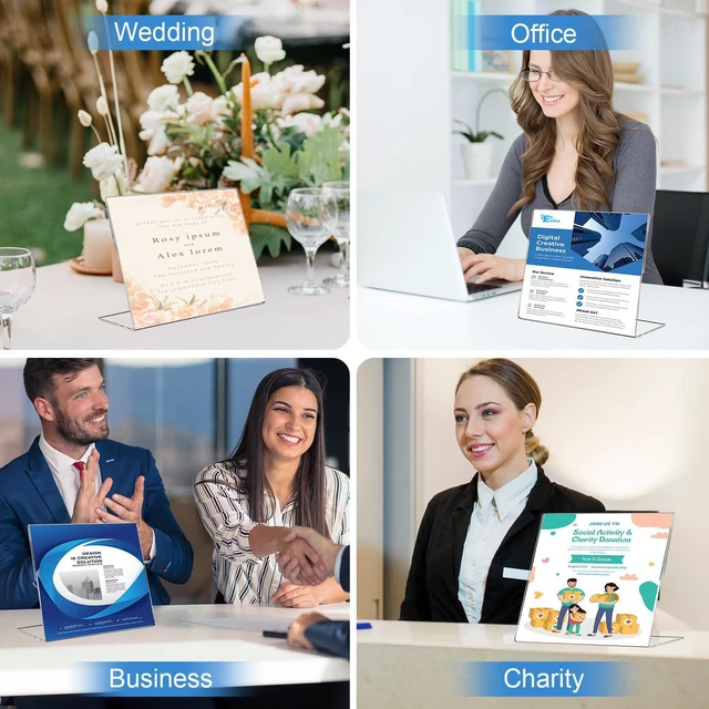 Alt view image 7 of 7 - 6 Pack 8.5 x 11 Acrylic Sign Holder Horizontal, Clear Plastic Signs Display Stand, Slanted Back Paper Holder Stand up Table Top Sign Holders Flyer Stand Frames for Office Business Store