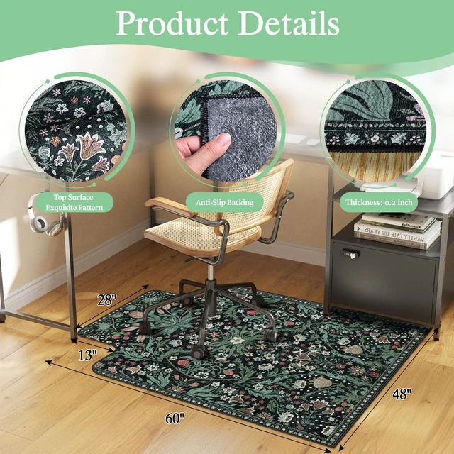 Alt view image 2 of 7 - Office Chair Mat for Hardwood Floor & Tile Floor,48"X 60"-Convex Green Heavy Duty Desk Chair Mat for Hard Floors, Under Desk Rug for Rolling Computer Chair,Anti Slip,Low Pile Carpet Protector