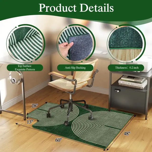 Alt view image 2 of 7 - Office Chair Mat for Hardwood Floor & Tile Floor,48"X 60"-Convex Geo Green Heavy Duty Desk Chair Mat for Hard Floors, Under Desk Rug for Rolling Computer Chair,Anti Slip,Low Pile Carpet Protector