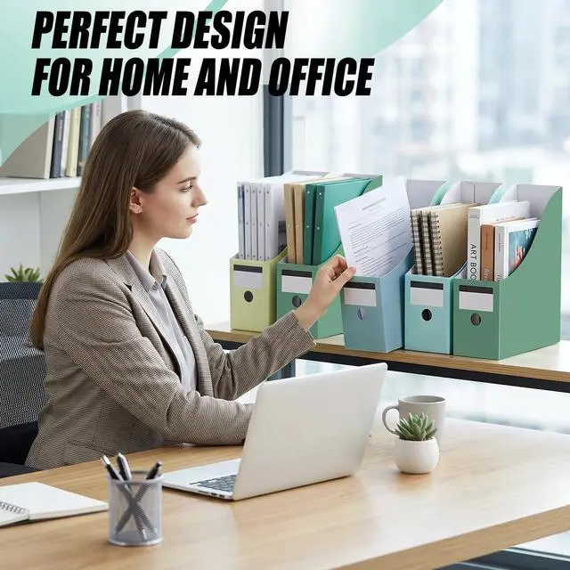 Alt view image 5 of 7 - 24 Pcs Magazine Files Cardboard Holders,Classic,Green Collection File Organizer Foldable Paper Storage for Desk, Vertical Holder with Label, Kraft Office Classroom Bins, Document Organizing