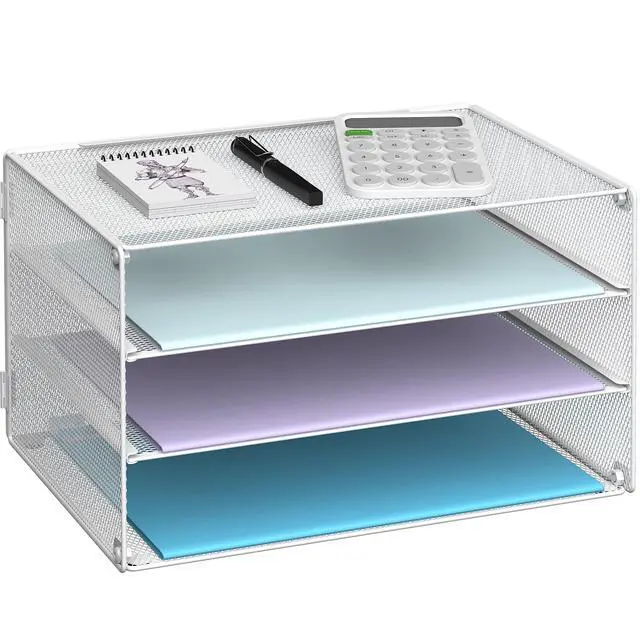 Main image of 3 Tier Letter Tray Paper Organizer with Sliding Mesh Trays White Metal Mesh File Organizer with Sliding Trays for Letter and A4 Paper, Mail, Bills, Folders and Office Documents