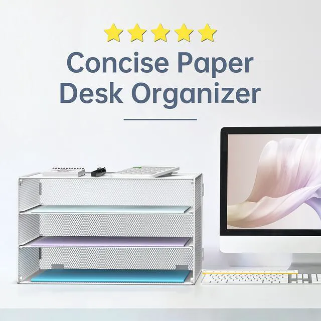 Alt view image 2 of 6 - 3 Tier Letter Tray Paper Organizer with Sliding Mesh Trays White Metal Mesh File Organizer with Sliding Trays for Letter and A4 Paper, Mail, Bills, Folders and Office Documents