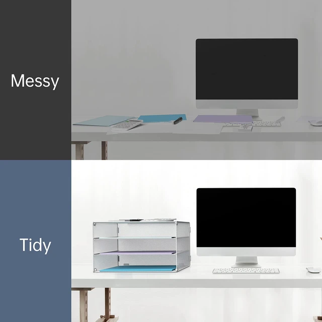 Alt view image 4 of 6 - 3 Tier Letter Tray Paper Organizer with Sliding Mesh Trays White Metal Mesh File Organizer with Sliding Trays for Letter and A4 Paper, Mail, Bills, Folders and Office Documents