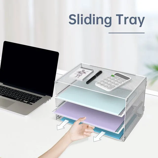 Alt view image 5 of 6 - 3 Tier Letter Tray Paper Organizer with Sliding Mesh Trays White Metal Mesh File Organizer with Sliding Trays for Letter and A4 Paper, Mail, Bills, Folders and Office Documents