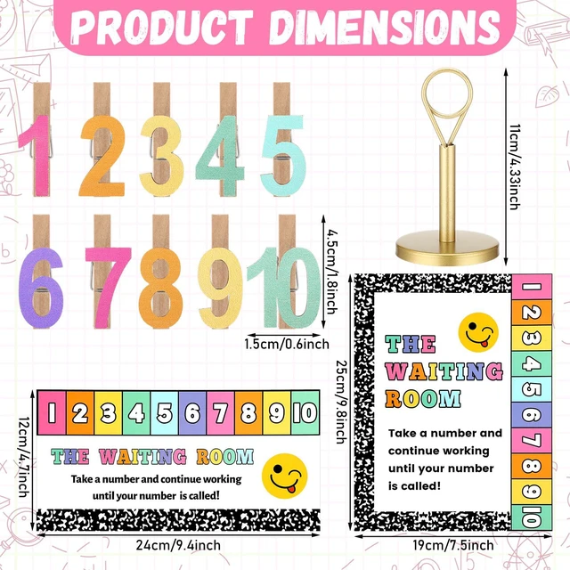 Alt view image 3 of 6 - 23 Pcs Waiting Room Clip Chart Teacher Signs Composition Colorful Classroom Management Helper, Wooden Number Clips with Holder, Composition Border Design, Back to School Teacher Supplies