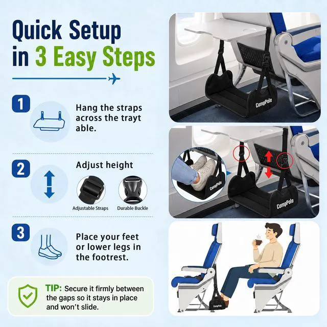 Alt view image 3 of 7 - 2 Pack Airplane Foot Hammock, No-Collapse Foot Hammock Thickened Bamboo Airplane Foot Rest,Adjustable Footrest for Office,Long Flight,Plane Travel