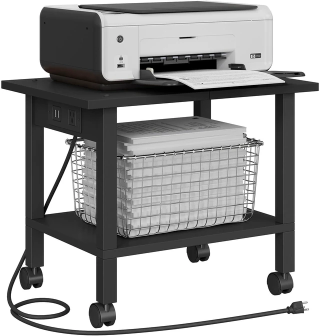 Main image of Printer Stand, 2 Tier Rolling Printer Cart with Charging Station Small Under Desk Printer Table with Wheels for Small Space, Office, Home, Black PS01BK001P