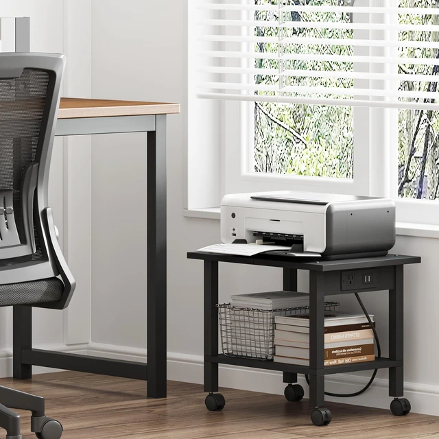 Alt view image 2 of 7 - Printer Stand, 2 Tier Rolling Printer Cart with Charging Station Small Under Desk Printer Table with Wheels for Small Space, Office, Home, Black PS01BK001P