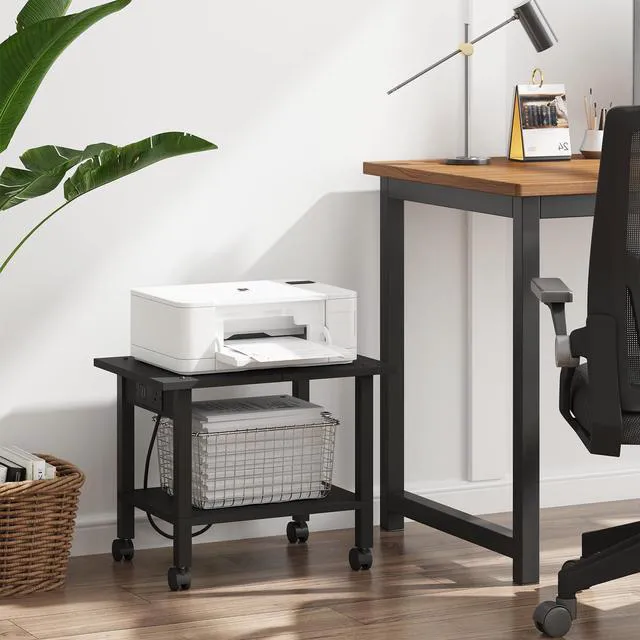 Alt view image 3 of 7 - Printer Stand, 2 Tier Rolling Printer Cart with Charging Station Small Under Desk Printer Table with Wheels for Small Space, Office, Home, Black PS01BK001P