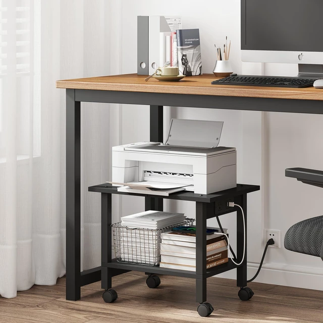 Alt view image 6 of 7 - Printer Stand, 2 Tier Rolling Printer Cart with Charging Station Small Under Desk Printer Table with Wheels for Small Space, Office, Home, Black PS01BK001P