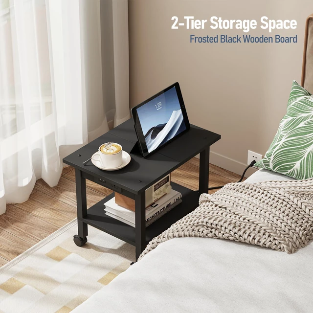 Alt view image 7 of 7 - Printer Stand, 2 Tier Rolling Printer Cart with Charging Station Small Under Desk Printer Table with Wheels for Small Space, Office, Home, Black PS01BK001P