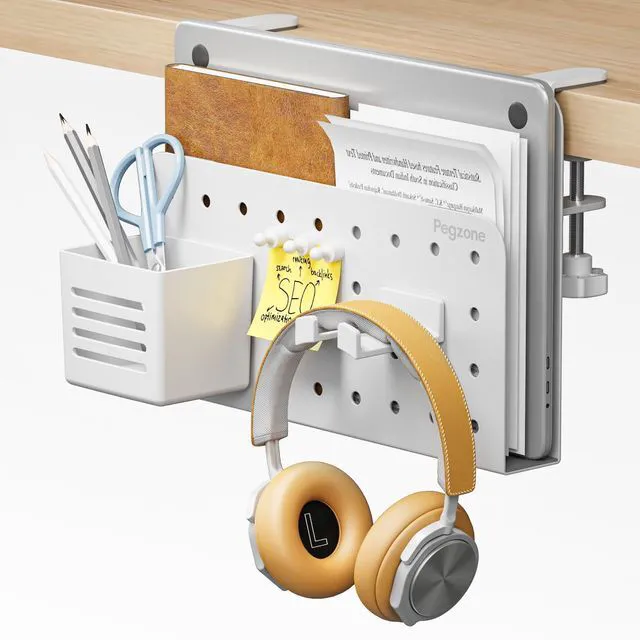 Main image of Desk Side Storage Organizer, Fits Flat Edge 0.4" to 2.2", White No Drill Under Desk Laptop Holder, Clamp on Desks Shelf with Pegboard Accessories, Hanging Laptop Mount