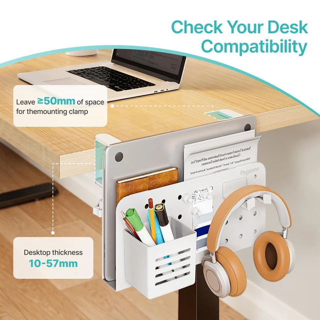 Alt view image 2 of 7 - Desk Side Storage Organizer, Fits Flat Edge 0.4" to 2.2", White No Drill Under Desk Laptop Holder, Clamp on Desks Shelf with Pegboard Accessories, Hanging Laptop Mount
