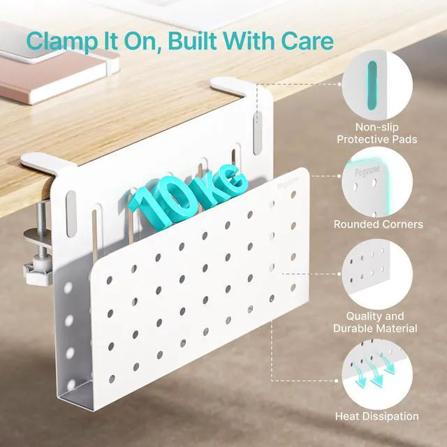 Alt view image 4 of 7 - Desk Side Storage Organizer, Fits Flat Edge 0.4" to 2.2", White No Drill Under Desk Laptop Holder, Clamp on Desks Shelf with Pegboard Accessories, Hanging Laptop Mount