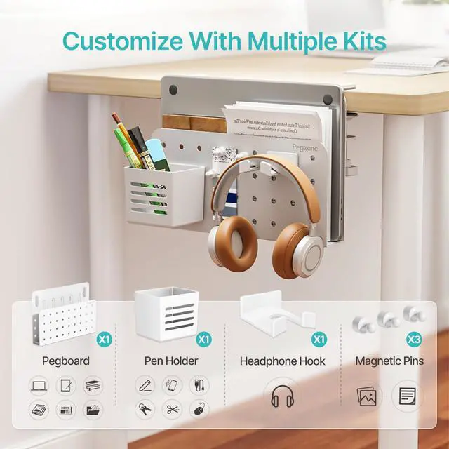 Alt view image 5 of 7 - Desk Side Storage Organizer, Fits Flat Edge 0.4" to 2.2", White No Drill Under Desk Laptop Holder, Clamp on Desks Shelf with Pegboard Accessories, Hanging Laptop Mount