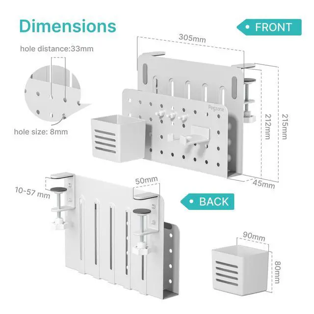 Alt view image 6 of 7 - Desk Side Storage Organizer, Fits Flat Edge 0.4" to 2.2", White No Drill Under Desk Laptop Holder, Clamp on Desks Shelf with Pegboard Accessories, Hanging Laptop Mount