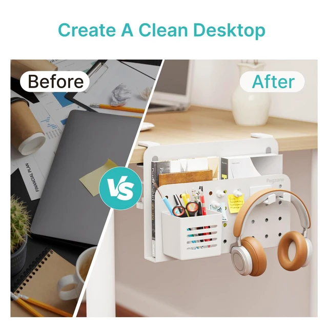 Alt view image 7 of 7 - Desk Side Storage Organizer, Fits Flat Edge 0.4" to 2.2", White No Drill Under Desk Laptop Holder, Clamp on Desks Shelf with Pegboard Accessories, Hanging Laptop Mount