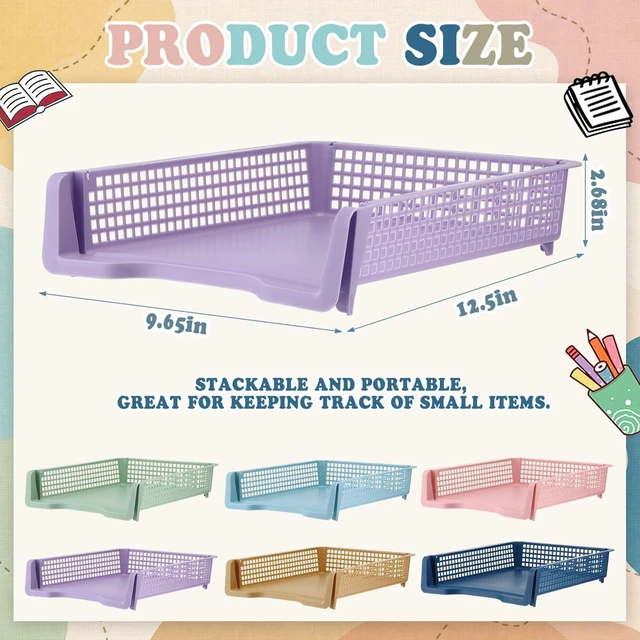 Alt view image 2 of 6 - 12 Pcs Turn in Trays, Classroom Paper Tray, Morandi Pastel, Narrow Plastic Stackable Turn in Bins, Letter Size, Desk File Organizer, Color Coded for Homework, Teacher Office Document Storage