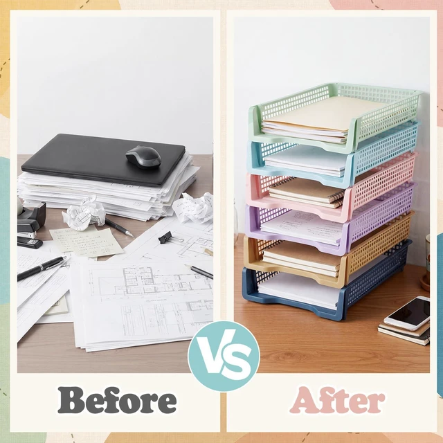 Alt view image 3 of 6 - 12 Pcs Turn in Trays, Classroom Paper Tray, Morandi Pastel, Narrow Plastic Stackable Turn in Bins, Letter Size, Desk File Organizer, Color Coded for Homework, Teacher Office Document Storage
