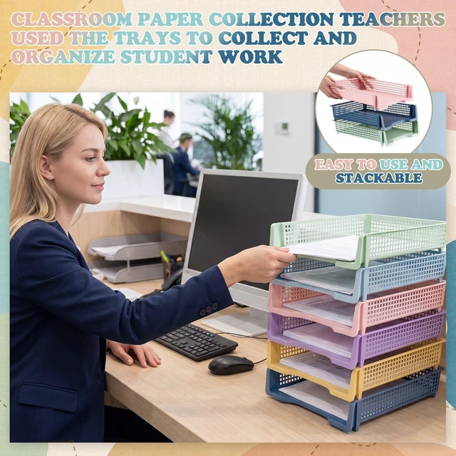 Alt view image 4 of 6 - 12 Pcs Turn in Trays, Classroom Paper Tray, Morandi Pastel, Narrow Plastic Stackable Turn in Bins, Letter Size, Desk File Organizer, Color Coded for Homework, Teacher Office Document Storage