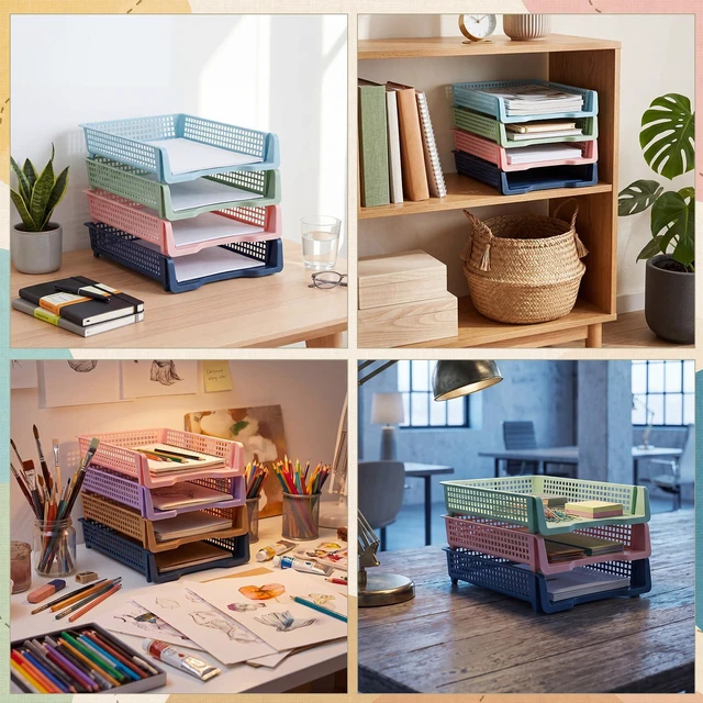 Alt view image 5 of 6 - 12 Pcs Turn in Trays, Classroom Paper Tray, Morandi Pastel, Narrow Plastic Stackable Turn in Bins, Letter Size, Desk File Organizer, Color Coded for Homework, Teacher Office Document Storage