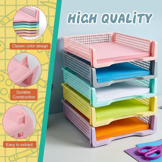 Alt view image 3 of 6 - 6 Pcs Turn in Trays Classroom, Classroom Baskets,Pastel Colors Paper Tray for Classroomturn in binStackable Plastic Baskets Teacher Organizers Library Drawers Office Desk