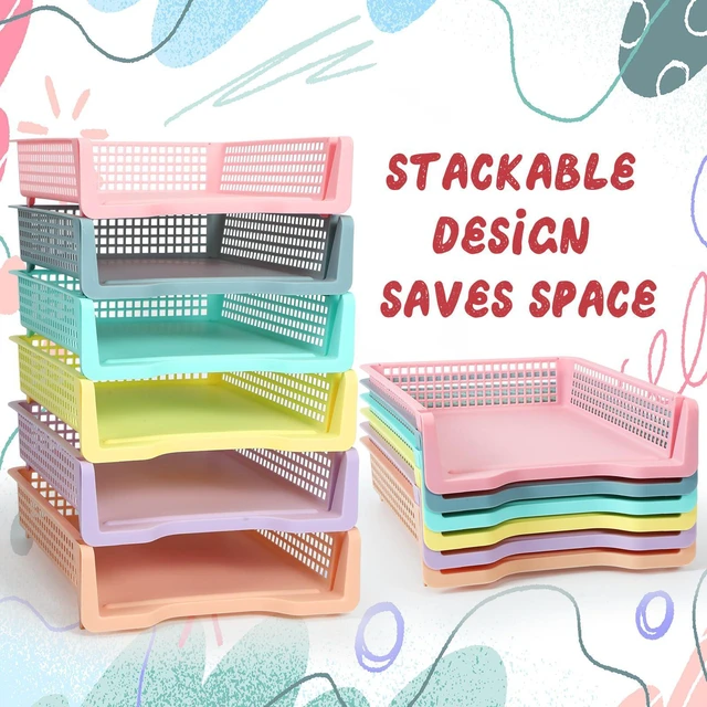 Alt view image 4 of 6 - 6 Pcs Turn in Trays Classroom, Classroom Baskets,Pastel Colors Paper Tray for Classroomturn in binStackable Plastic Baskets Teacher Organizers Library Drawers Office Desk