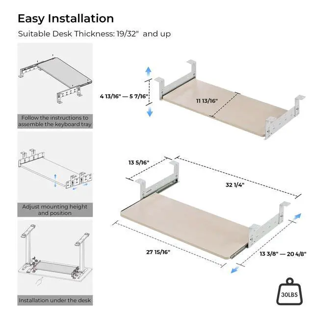 Alt view image 7 of 7 - Adjustable Keyboard Tray Under Desk, 28x11 Inch Large Slide Out Keyboard & Mouse Platform Tray, Wooden Pull Out Computer Keyboard Drawer for Typing Home Office Desk, Maple