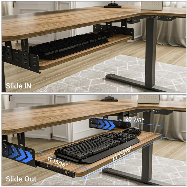 Alt view image 2 of 7 - Adjustable Keyboard Tray Under Desk, 28x11 Inch Large Slide Out Keyboard & Mouse Platform Tray, Wooden Pull Out Computer Keyboard Drawer for Typing Home Office Desk, Walnut