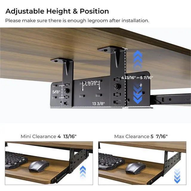 Alt view image 4 of 7 - Adjustable Keyboard Tray Under Desk, 28x11 Inch Large Slide Out Keyboard & Mouse Platform Tray, Wooden Pull Out Computer Keyboard Drawer for Typing Home Office Desk, Walnut