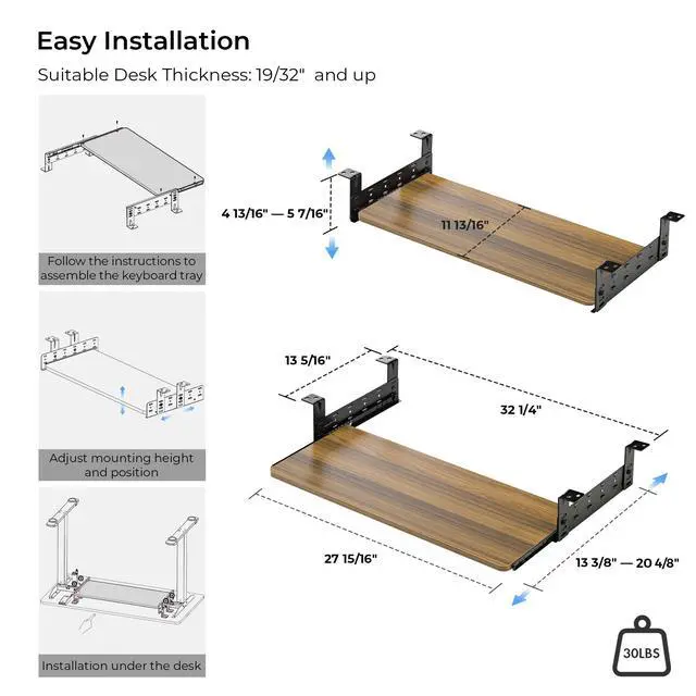 Alt view image 7 of 7 - Adjustable Keyboard Tray Under Desk, 28x11 Inch Large Slide Out Keyboard & Mouse Platform Tray, Wooden Pull Out Computer Keyboard Drawer for Typing Home Office Desk, Walnut