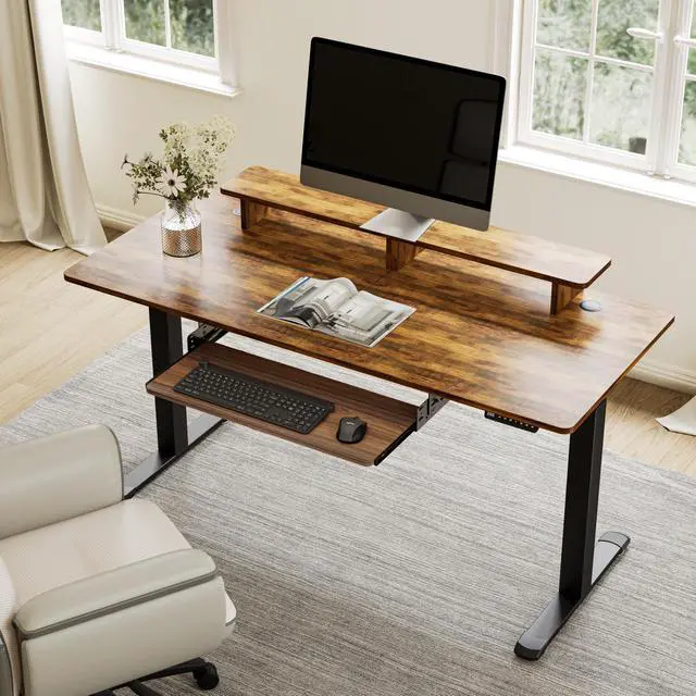 Alt view image 6 of 7 - Adjustable Keyboard Tray Under Desk, 28x11 Inch Large Slide Out Keyboard & Mouse Platform Tray, Wooden Pull Out Computer Keyboard Drawer for Typing Home Office Desk, Walnut