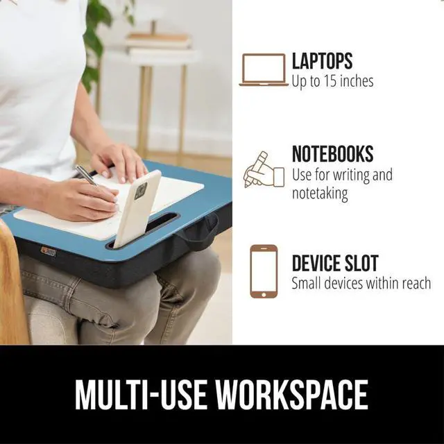 Alt view image 6 of 7 - Laptop Lap Desk with Phone Holder, Pillow Cushion Desks Fit Laptops up to 15.6", Tray Ledge Keep Computers in Place, Portable Travel Workstation Essentials for Home, Dorm Room, Blue