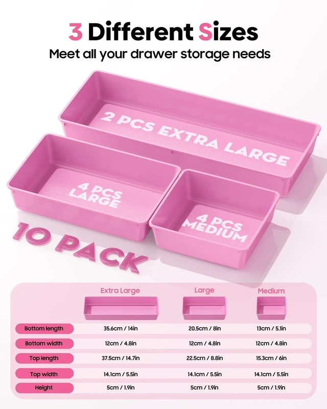 Alt view image 2 of 7 - 10 Pack Large Size Plastic Drawer Organizers Set, 3 Sizes Desk Drawer Organizer Trays, Storage Bins for Vanity, Makeup, Bathroom, Kitchen Utensils and Office (Pink)