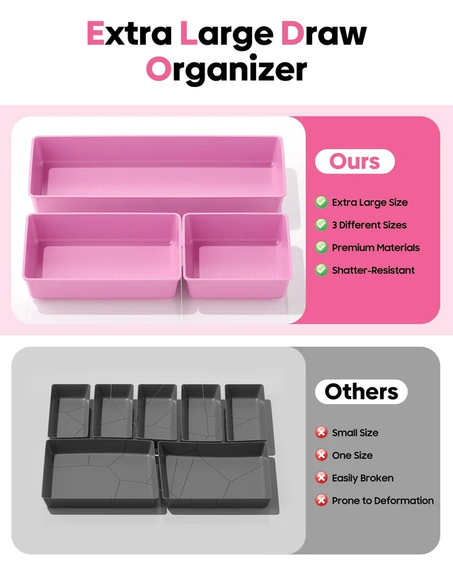 Alt view image 3 of 7 - 10 Pack Large Size Plastic Drawer Organizers Set, 3 Sizes Desk Drawer Organizer Trays, Storage Bins for Vanity, Makeup, Bathroom, Kitchen Utensils and Office (Pink)